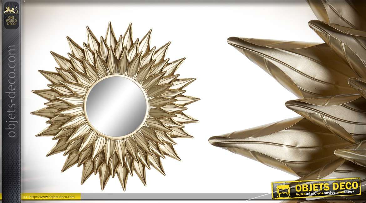 Miroir soleil en métal, triple encadrement esprit feuilles dorées, 80cm de diametre