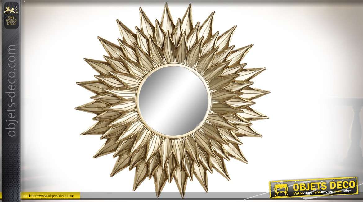 Miroir soleil en métal, triple encadrement esprit feuilles dorées, 80cm de diametre