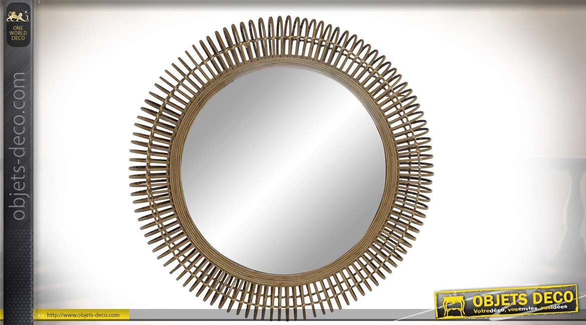 Miroir rond en bois, encadrement en anneaux avec tressage intérieur, finition marron naturel 50cm