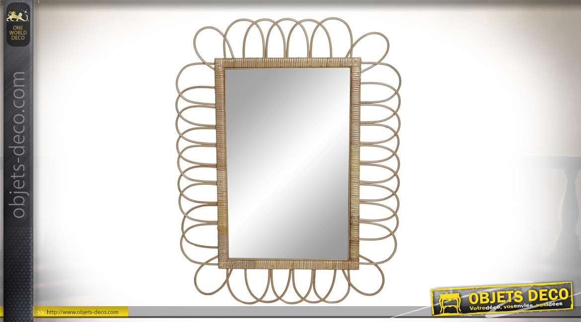 Miroir rectangulaire en osier, esprit campagne rustique, formes de pétales 81cm