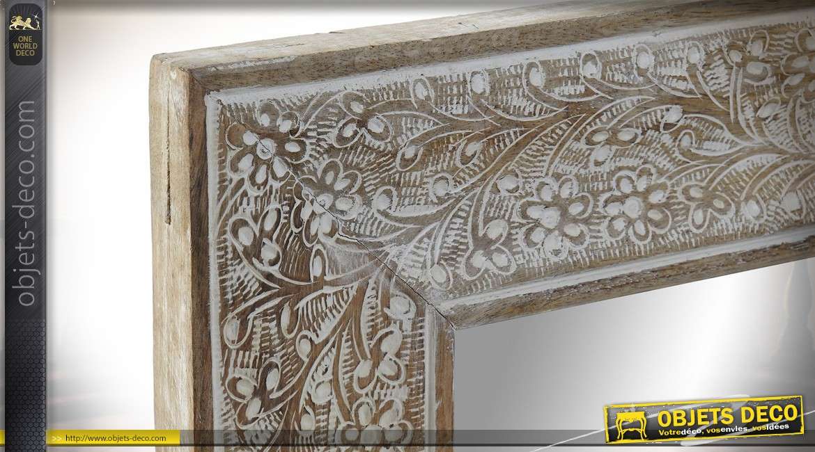 Miroir rectangulaire en bois de manguier blanchi, motifs de fleurs sculptés 60cm