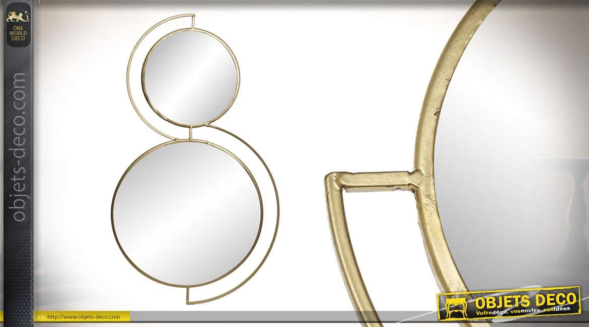 Miroir moderne en métal doré, esprit sphères superposées, style contemporain 58cm