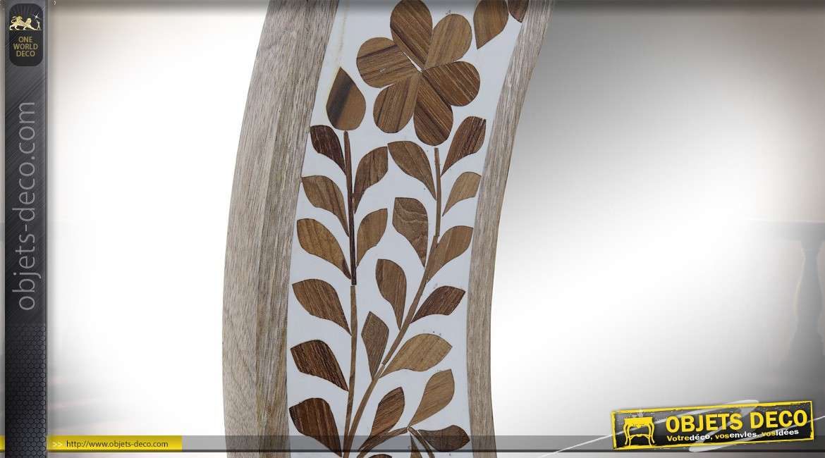 Miroir rond en bois de manguier blanchi, liseret de fleurs sculptées finition naturel 78cm
