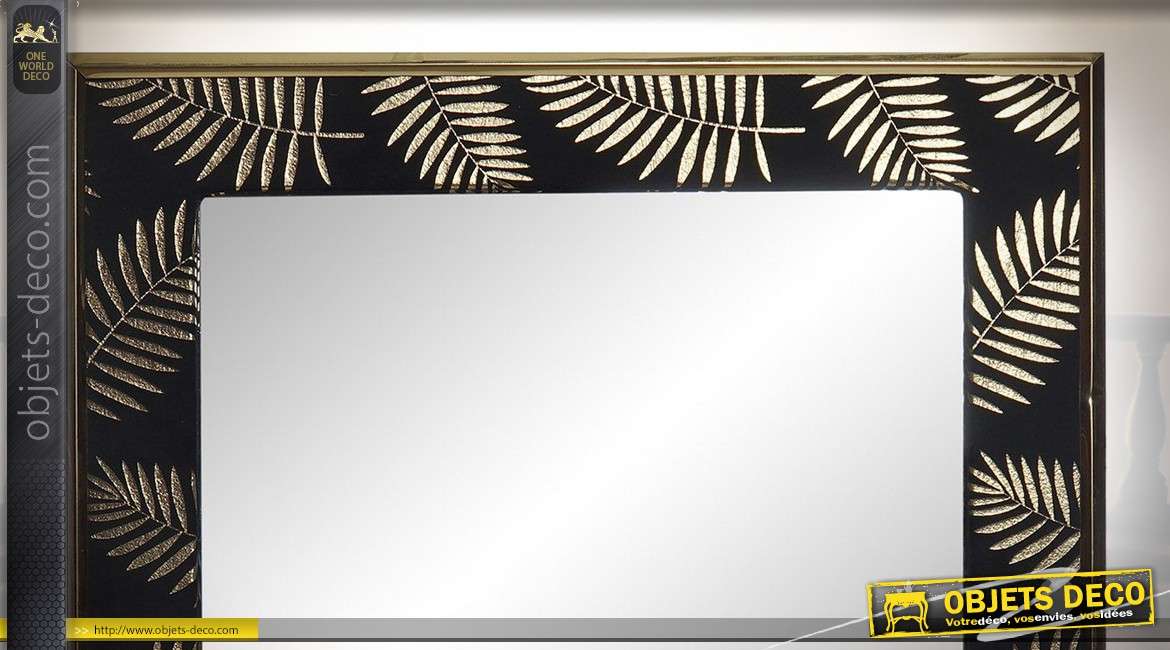 Miroir en bois de forme carrée, finition velours noir avec motifs de feuilles dorées 40cm