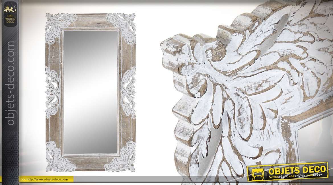 Miroir en bois de manguier finition naturel et blanchi, bois sculpté 90 cm