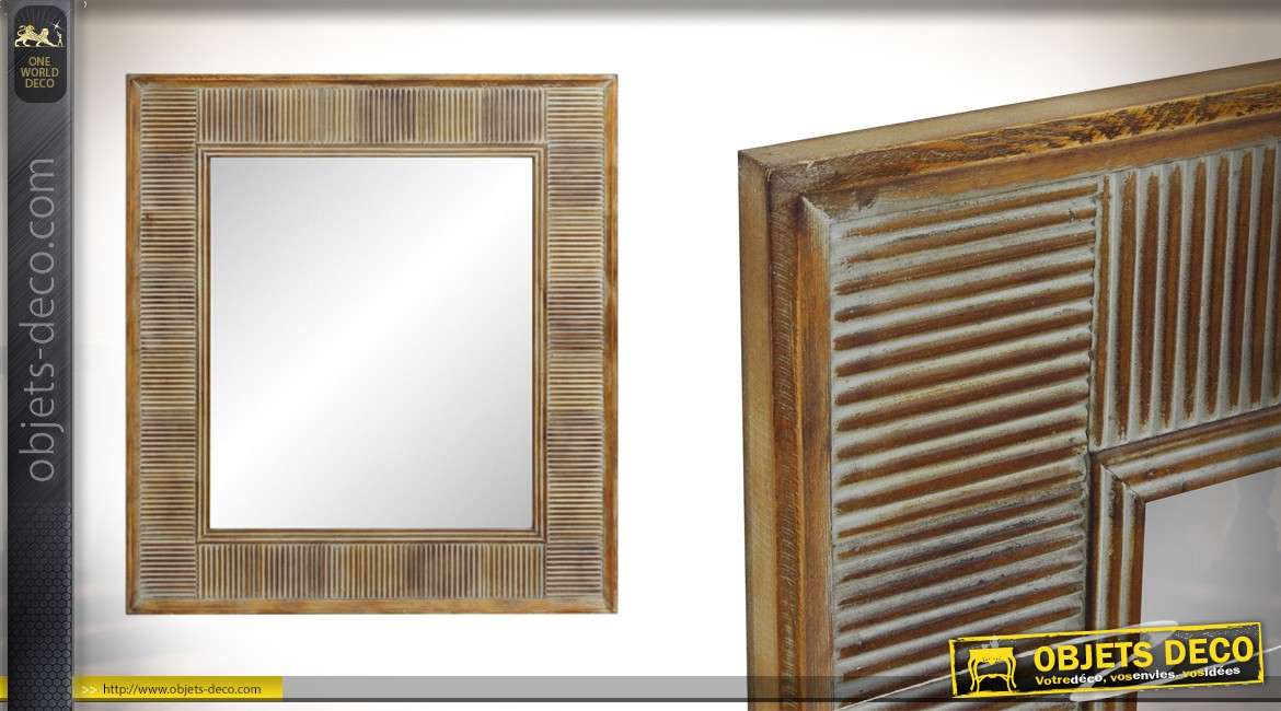 Grand miroir en bois de sapin, encadrement moderne finition naturel et blanchi, 101 cm