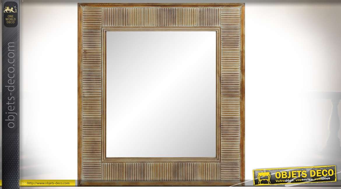 Grand miroir en bois de sapin, encadrement moderne finition naturel et blanchi, 101 cm