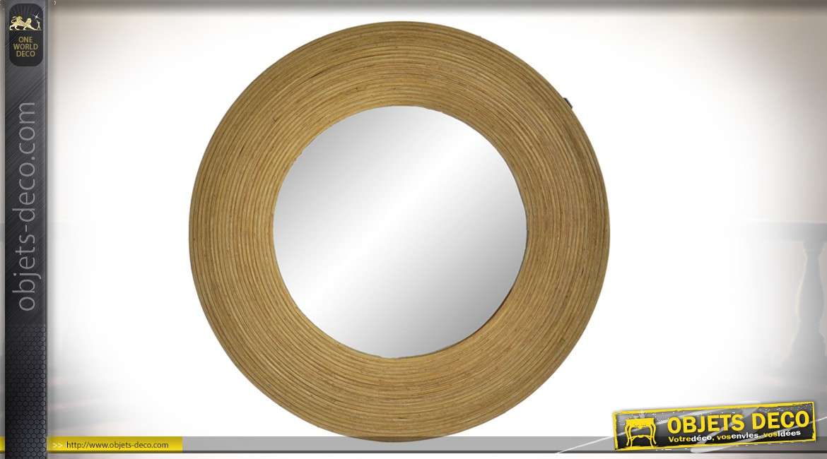 Miroir de forme ronde avec encadrement en rotin, finition naturel, 42cm de diamètre