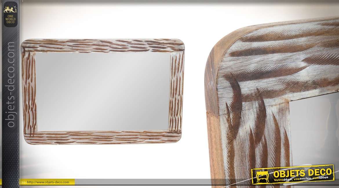 Miroir rectangulaire en acacia massif, finition naturel et blanchi, esprit campagne 90cm