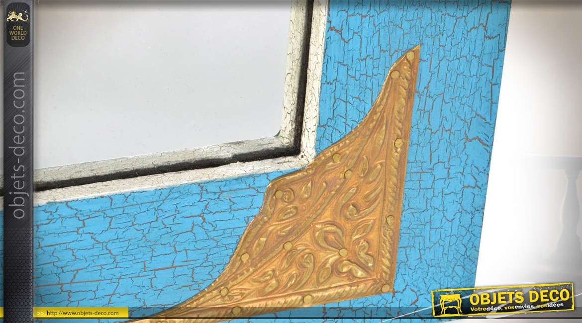 Miroir en manguier, légèrement sculpté esprit pierre turquoise, effet craquelé ancien 61cm