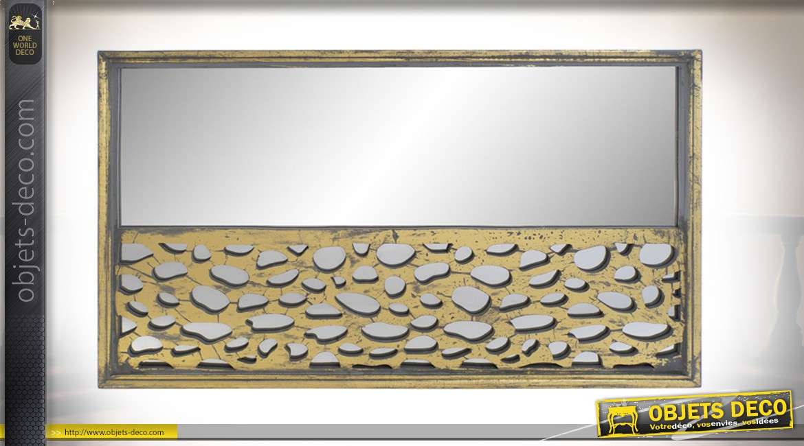 Grand panneau mural de déco avec miroir en fond, en bois finition vieux doré 100cm