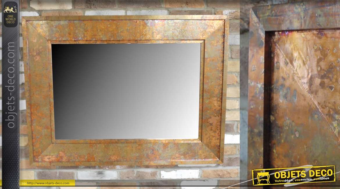 Grand miroir avec encadrement en métal effet cuivre vieilli, reflets bronze doré 122cm