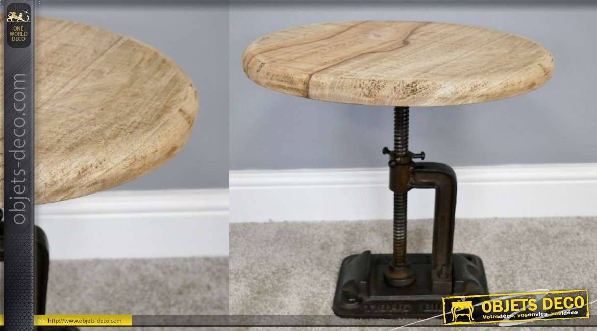 Table d'appoint en bois de manguier et fonte, forme industrielle finitions anciennes