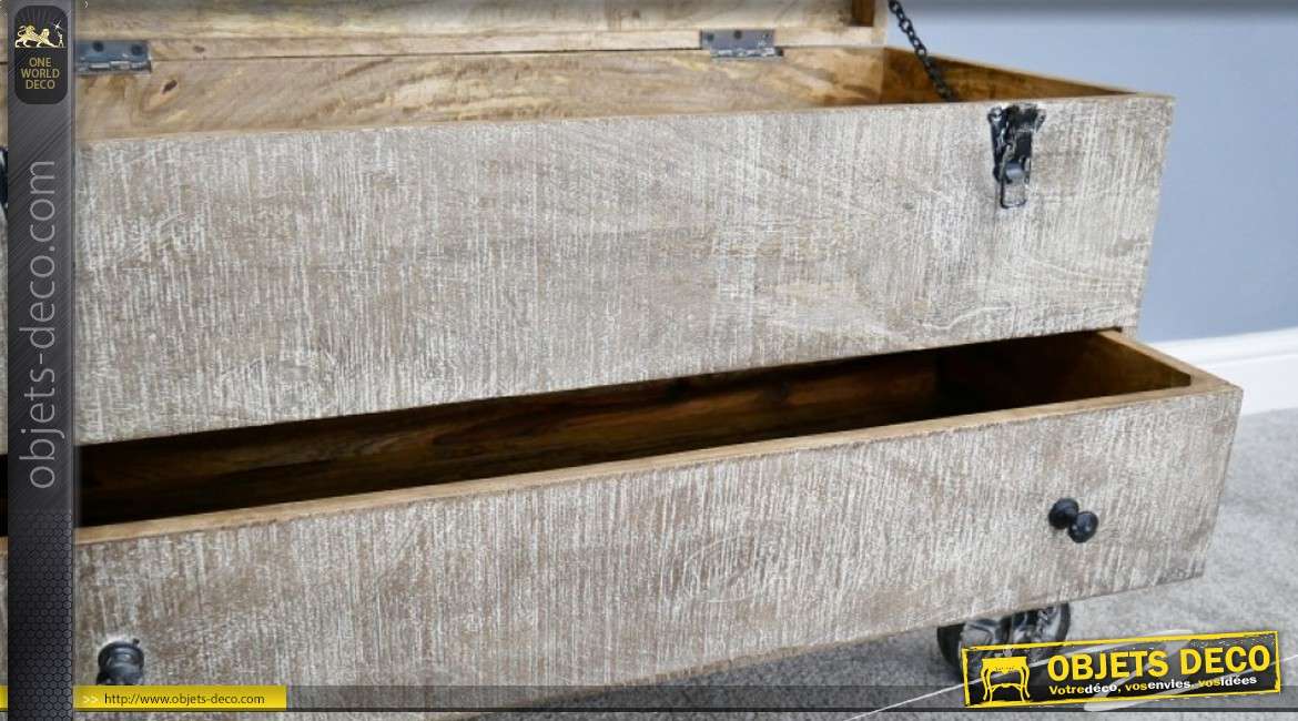 Coffre-table basse sur roulettes en bois de manguier, finitions blanchies 90cm