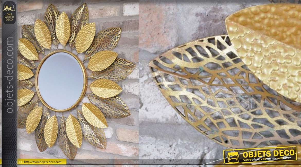 Miroir en métal de style soleil, encadrement en feuilles ajourées, 86cm de diamètre
