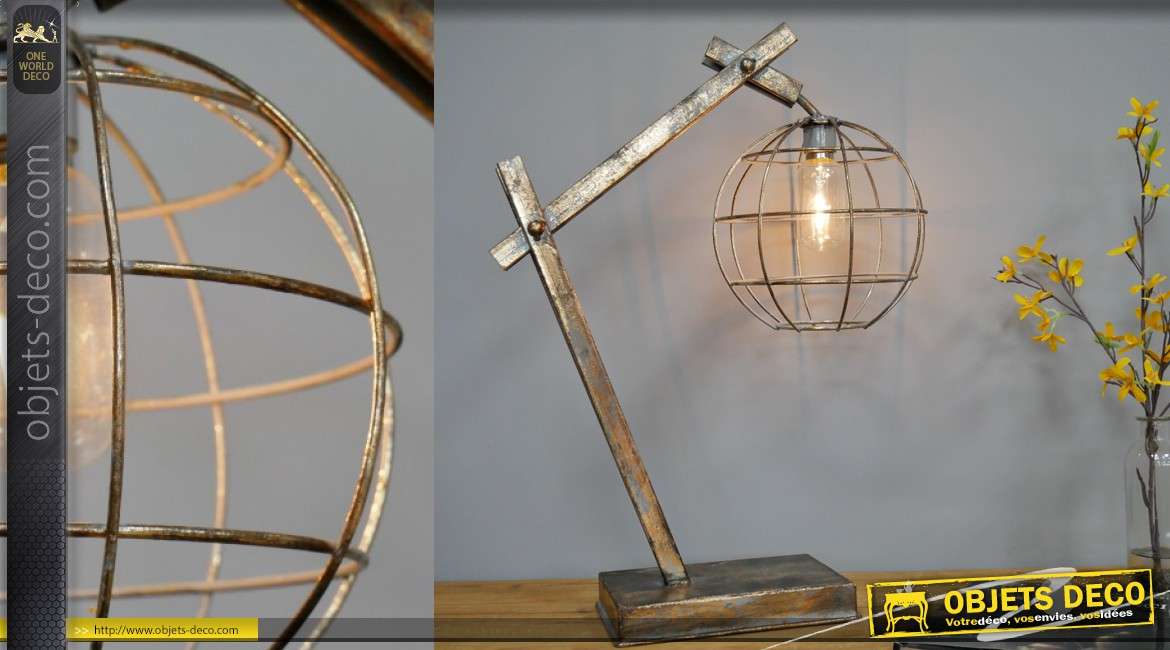 Lampe d'appoint en métal, patine effet ancien, abat jour sphérique, LED 52cm