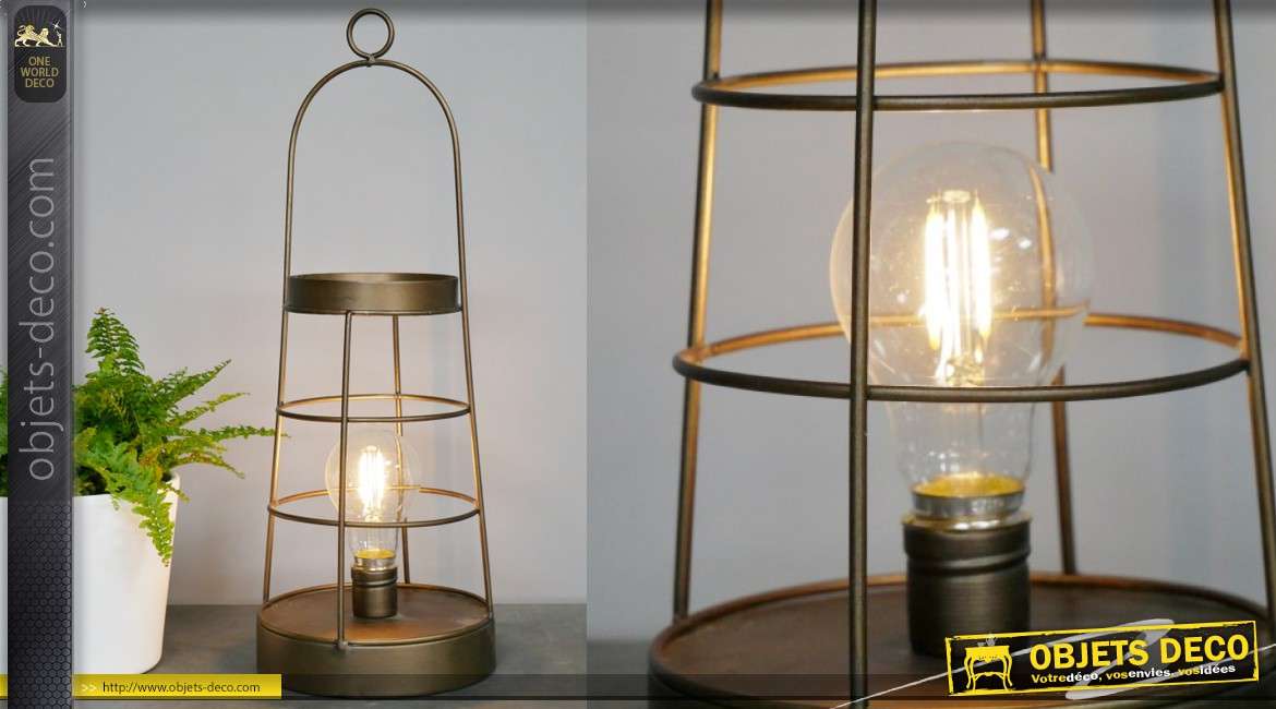 Lampe auxilaire en métal style lanterne avec anneau, finition vieux doré, esprit cage 41cm