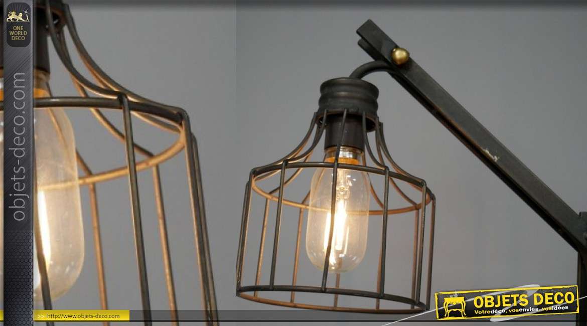 Lampe de bureau en métal style rétro, boulons dorés et cage en verre, 50cm
