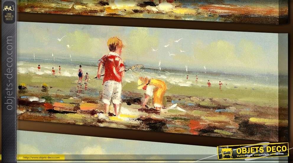 Lot de 4 tableaux peints à la main : Les enfants à la plage