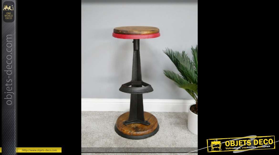 Tabouret de bar rétro industriel en bois et métal avec assise circulaire 75 cm