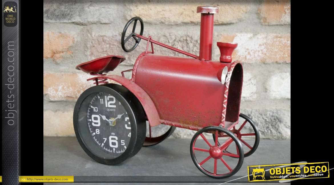 Horloge tracteur de style vintage en métal rouge vieilli 32 cm