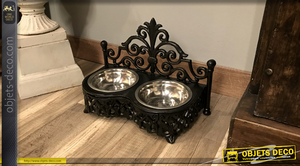 Gamelle pour chien en fonte finition noir charbon, formes baroques, 2 bols inox, 32cm
