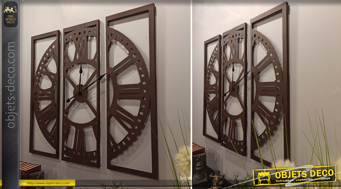 Grande horloge de style rétro en triptyque fabriquée en métal brun finition vieillie, 100x100cm