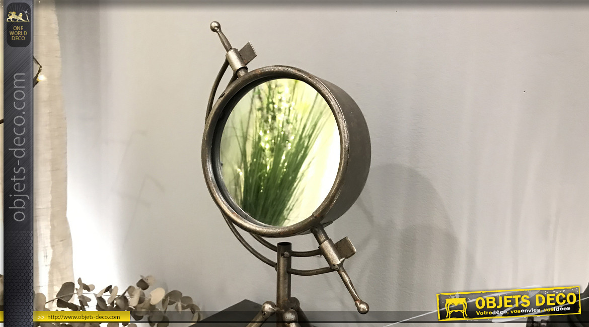 Miroir rétro sur trépied avec finition argentée et vieillie 38 cm