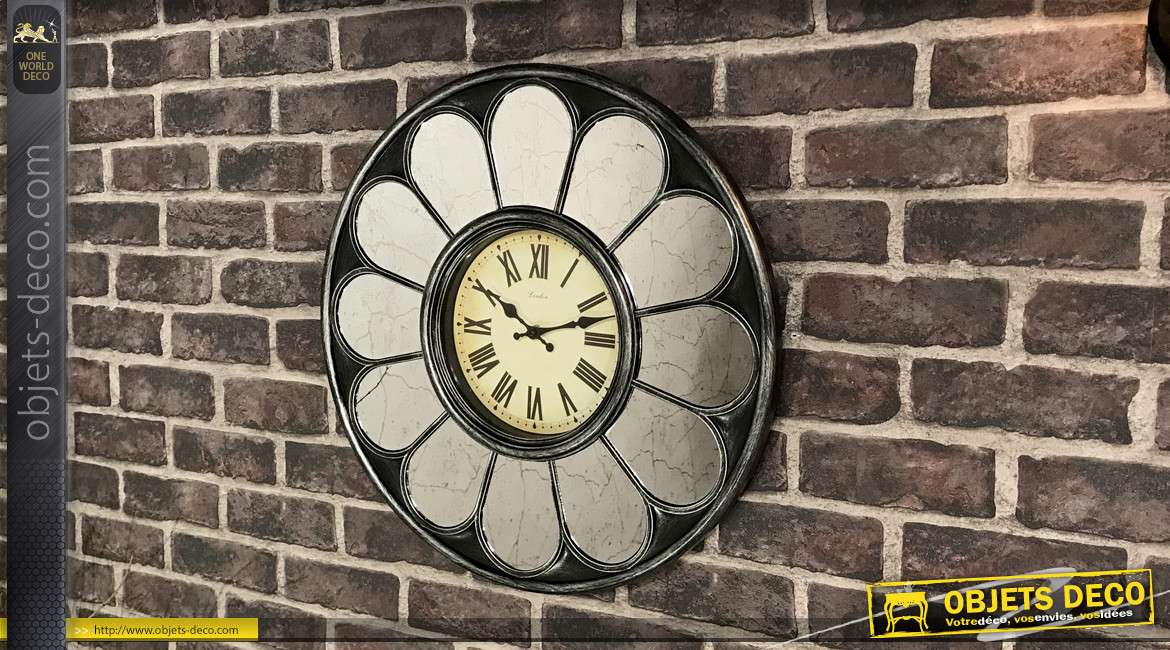 Horloge murale vintage encadrement à motifs de fleur stylisée en miroirs