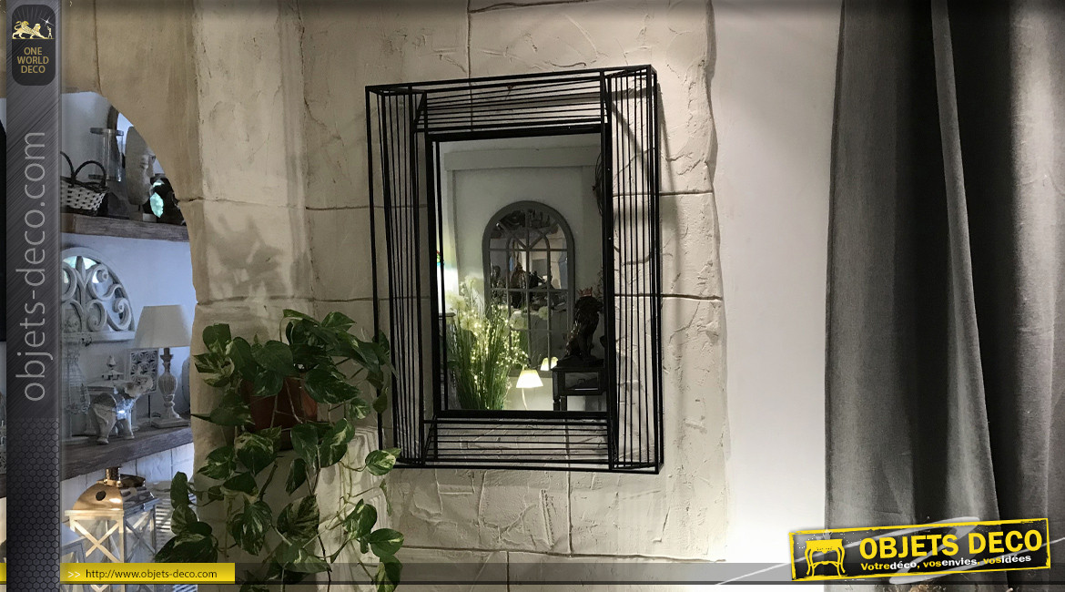 Miroir en métal finition noir charbon, filaments géométriques, 92cm