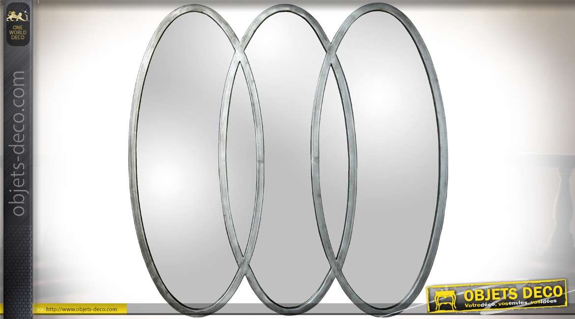 Miroir design en métal doré à 3 ovales verticaux entrelacés 83 cm