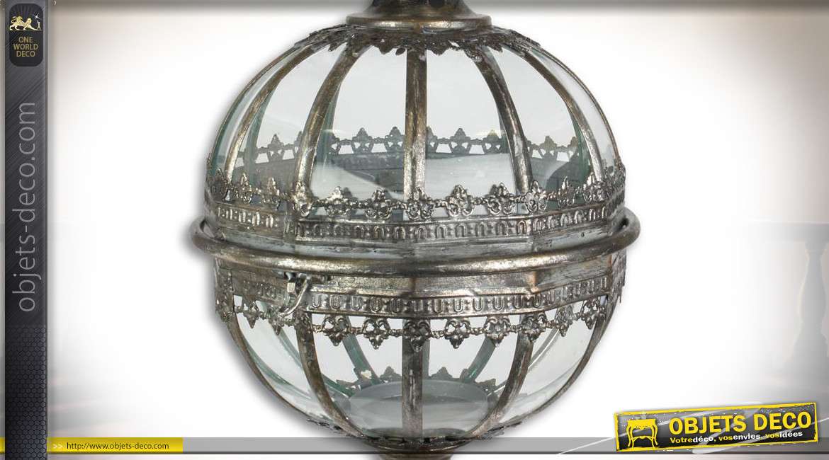 Lanterne sphérique suspendue en verre et métal vieil argent 53,8 cm