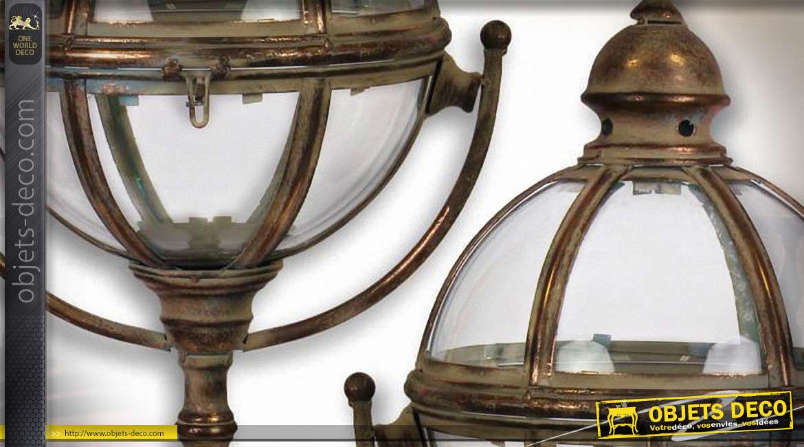 Grande lanterne sphérique vintage sur pied laiton doré vieilli 76,1 cm