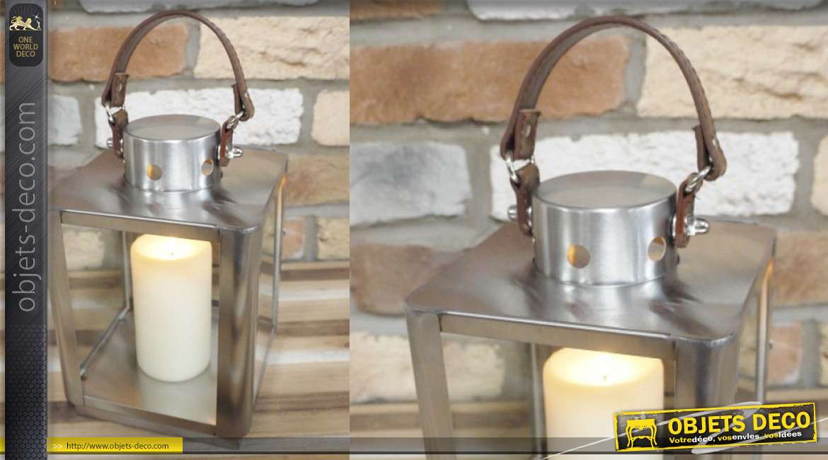 Petite lanterne en métal carrée de style moderne avec hanse simili cuir en son sommet, 35cm