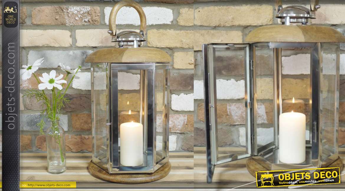 Lanterne en bois, métal et verre de forme hexagonale, style rustico'moderne 50cm