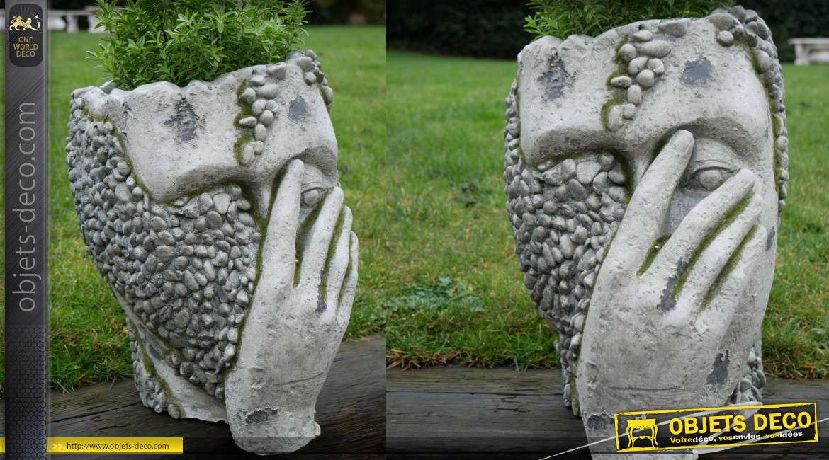 Cache pot effet pierre, forme de visage style ancienne sculpture 40cm de haut