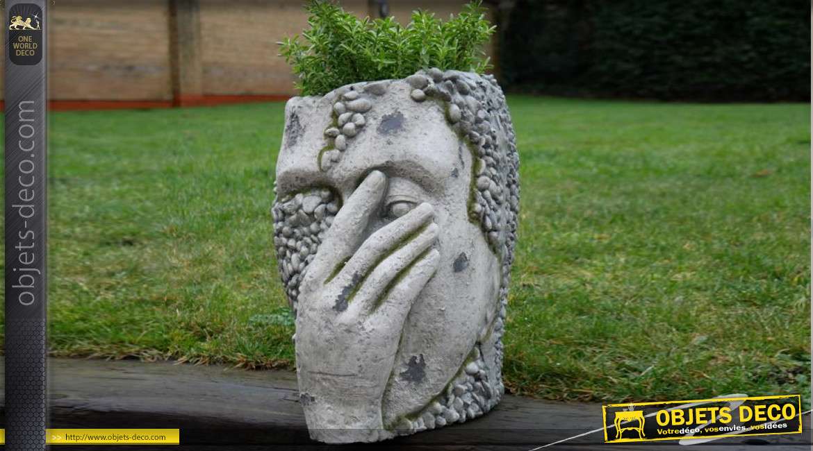 Cache pot effet pierre, forme de visage style ancienne sculpture 40cm de haut