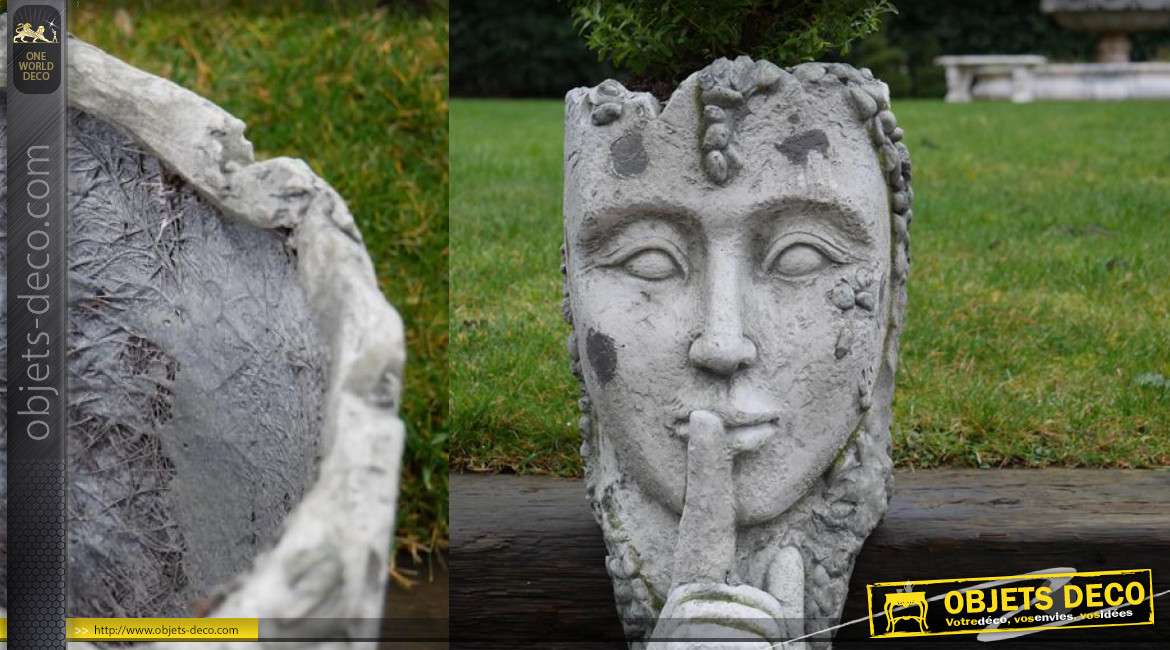 Cache pot effet pierre en forme de visage et main devant la bouche, 46cm de hauteur finale