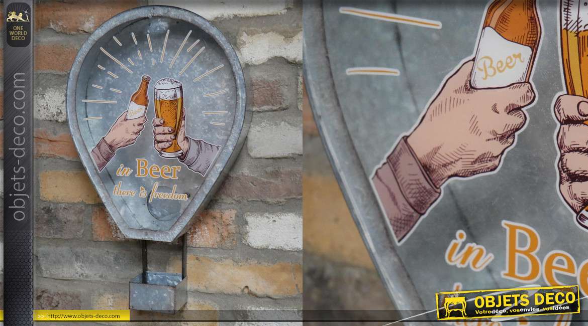 Support mural pour capsules de bières, en métal type zinc et verre, 48cm