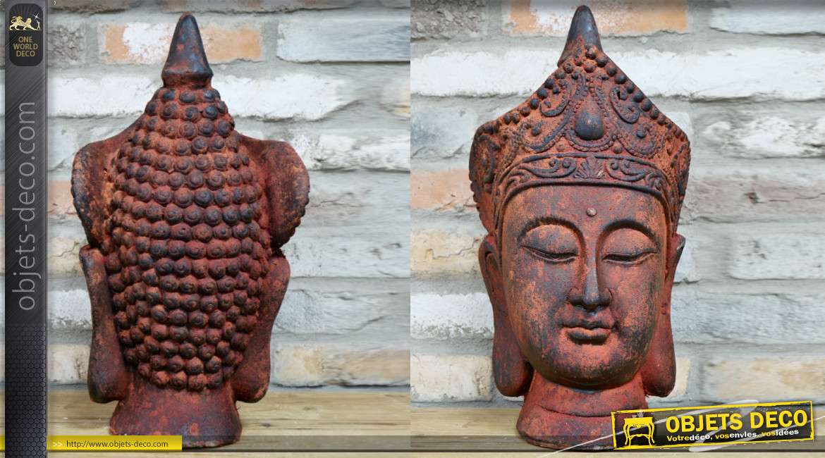 Trophée de bouddha en MGO, rouge finition ancienne usée, intérieur ou extérieur, 46cm