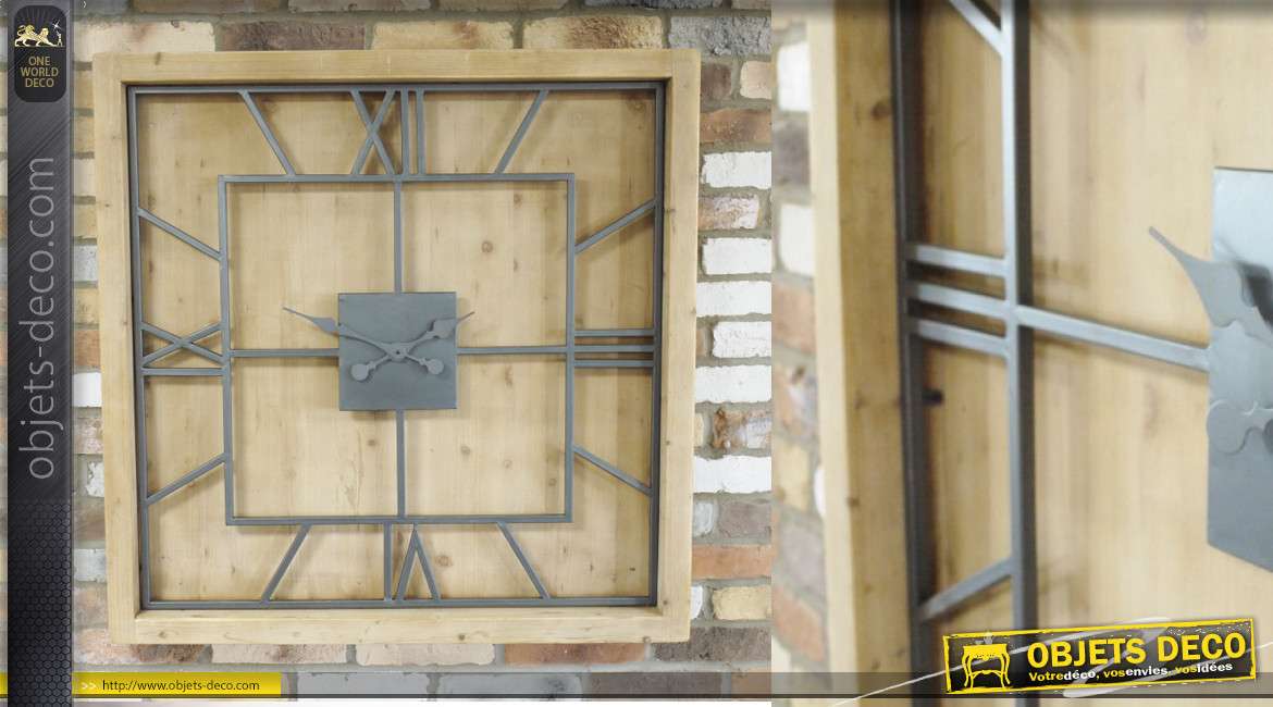 Très grande horloge carrée 100 x 100 en bois finition naturel et double cadran en métal