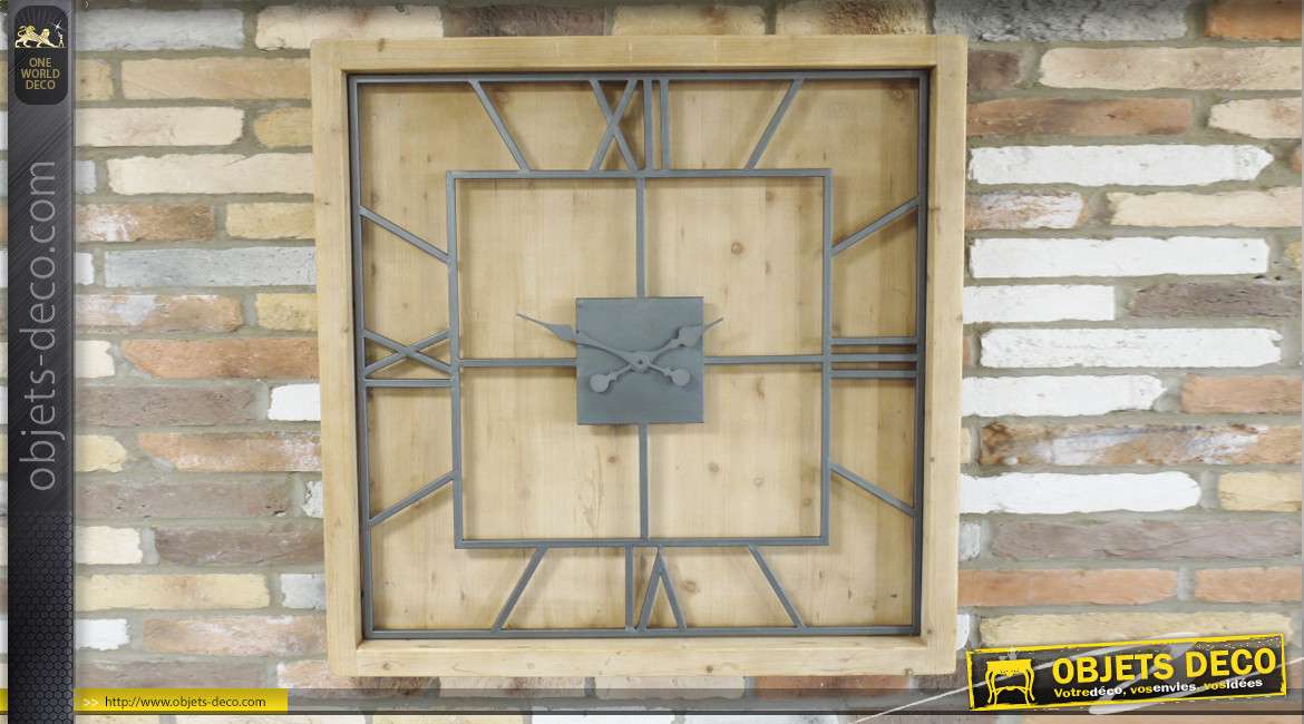 Très grande horloge carrée 100 x 100 en bois finition naturel et double cadran en métal