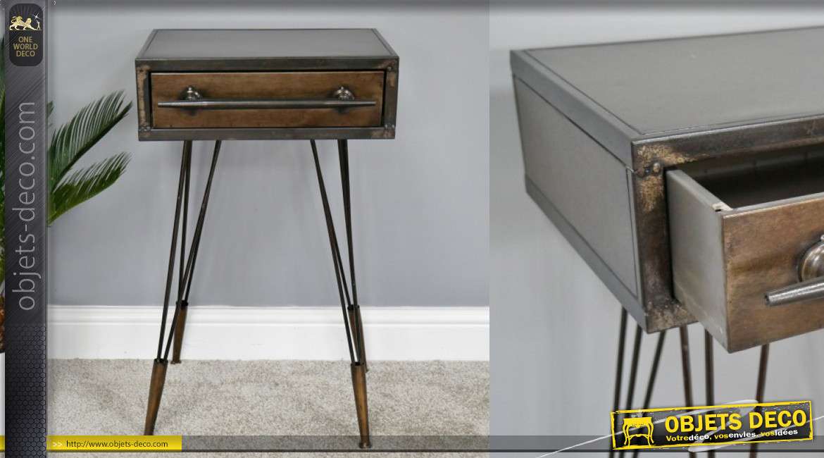 Table de chevet ou meuble d'appoint en métal finition brut et bronze, 1 tiroir, 69cm