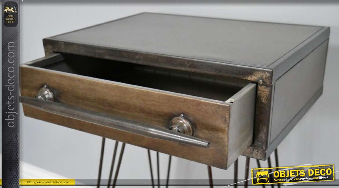 Table de chevet ou meuble d'appoint en métal finition brut et bronze, 1 tiroir, 69cm