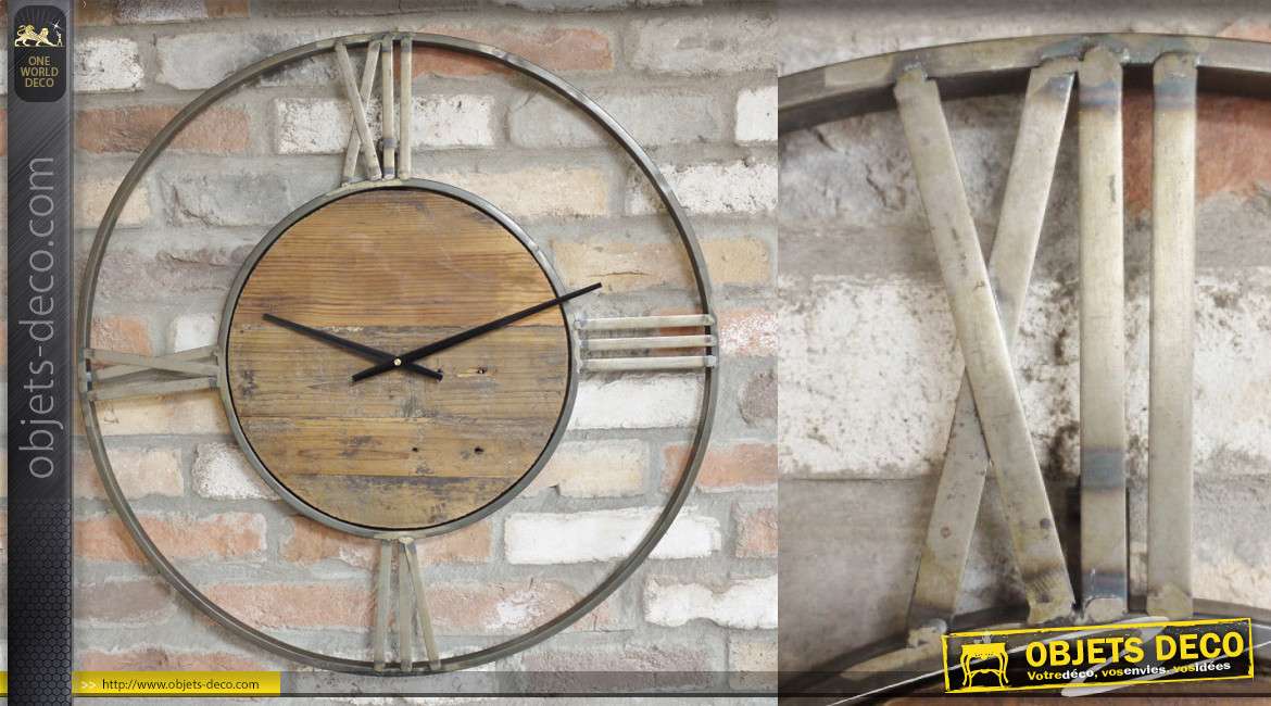 Horloge en bois et métal de style industriel, chiffres aux points cardinaux 70cm