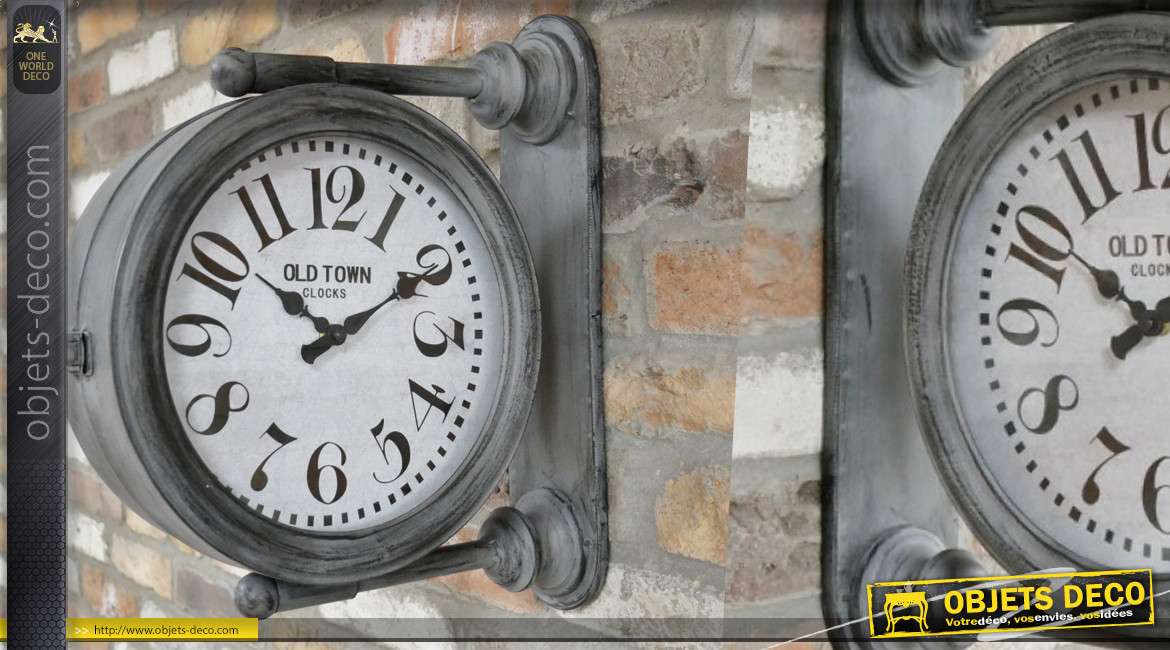 Horloge murale en métal, 2 cadrans style ancien quai de gare, finition gris vieilli, 43cm