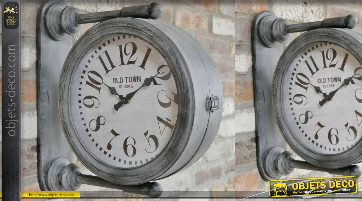 Horloge murale en métal, 2 cadrans style ancien quai de gare, finition gris vieilli, 43cm