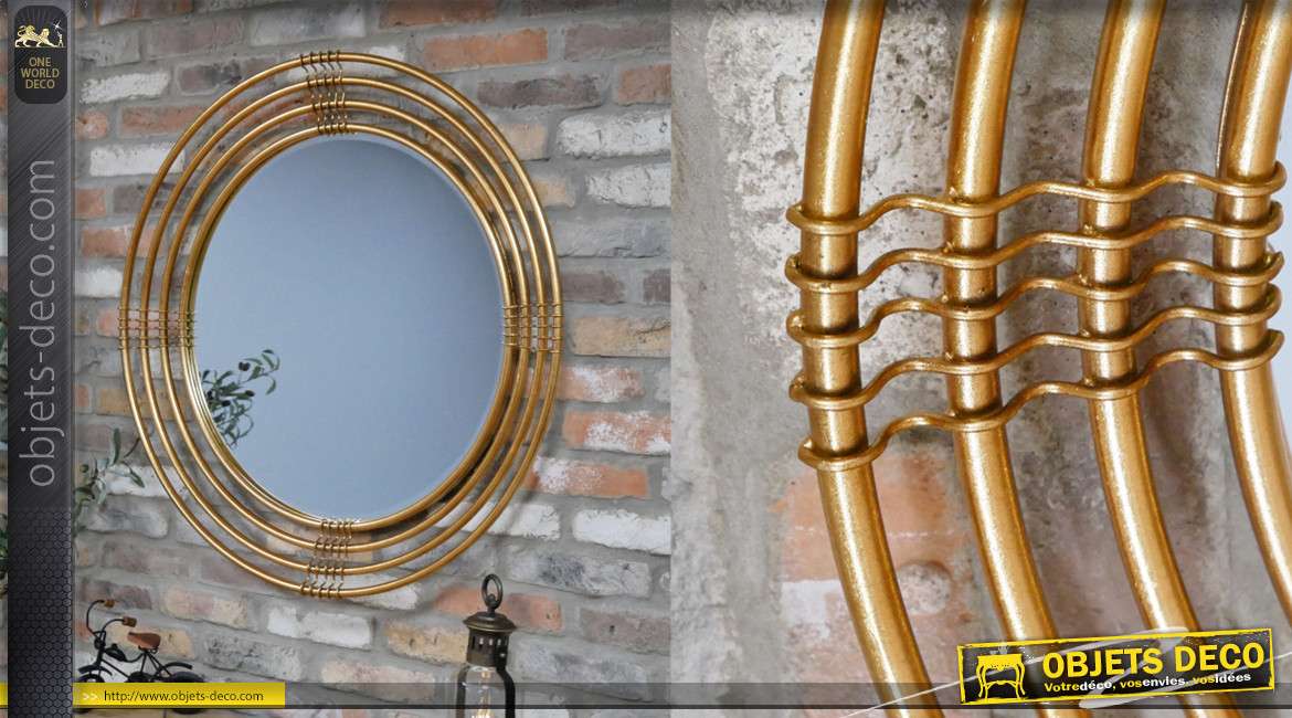 Miroir mural de forme ronde, encadrement en tubes dorés, style moderno-indus 91cm