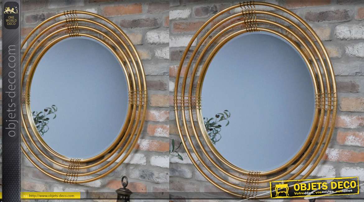Miroir mural de forme ronde, encadrement en tubes dorés, style moderno-indus 91cm