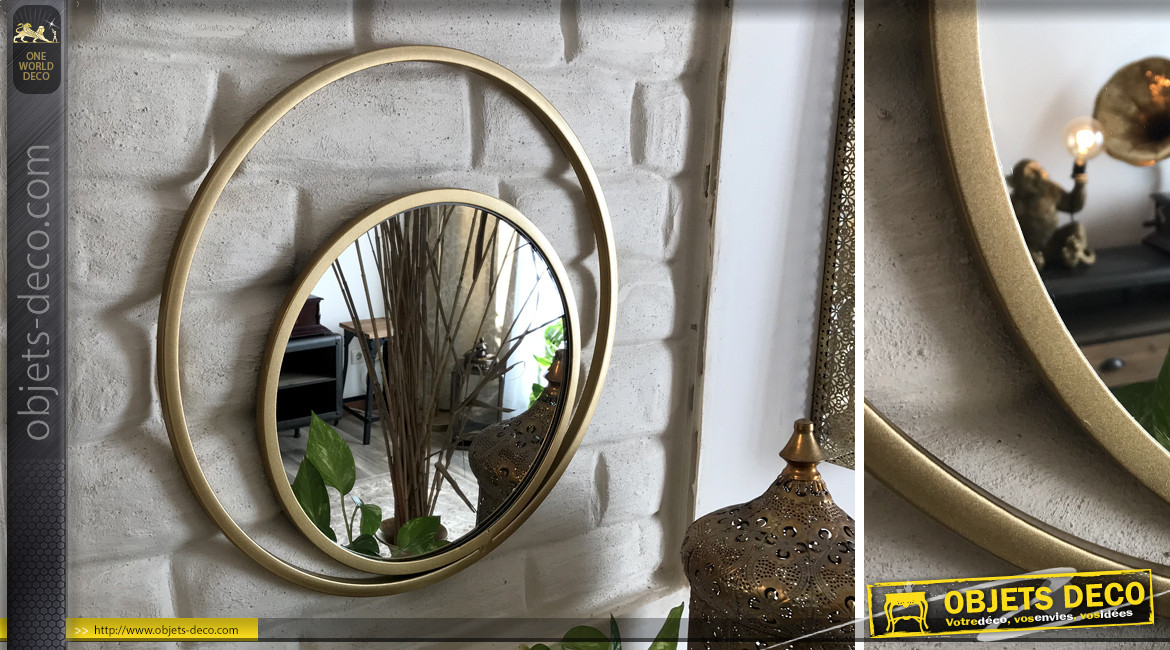 Miroir rond en métal, encadrement style moderne épuré, finition doré effet brossé 48cm